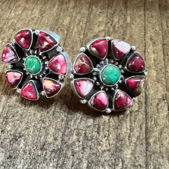 Handmade Sterling Silver Red Rose Dahlia With Emerald Valley, Post Earrings, Si - Picture 5 of 10